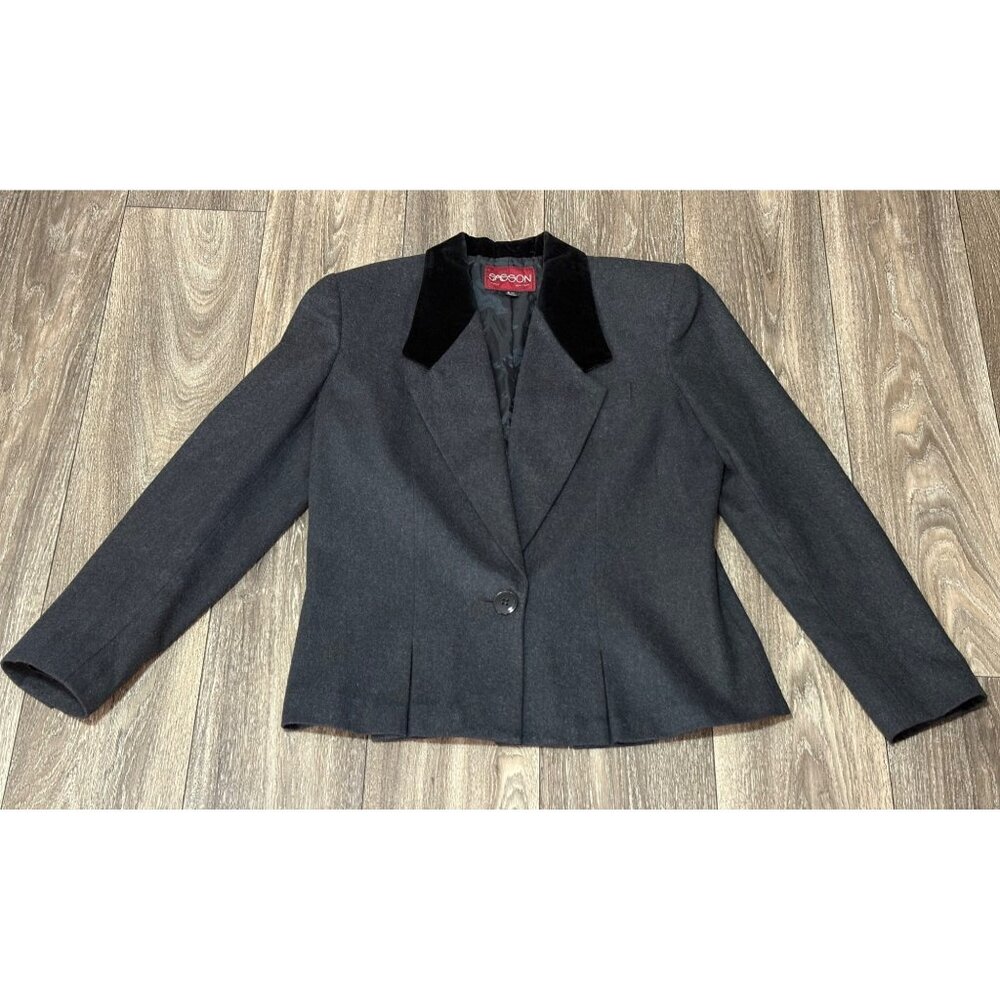 VINTAGE SASSON ONE BUTTON BLAZER WOMENS 8/9 GREY WOOL WITH VELVET COLLAR POCKET